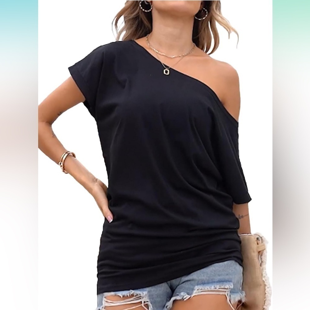 Poetsky Women's Summer Off Shoulder Black Top Loose Short Sleeve Tunic Top Small